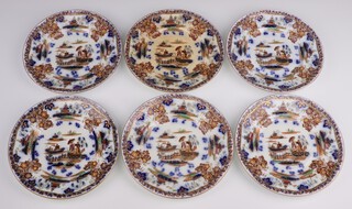 Six 19th Century pottery plates decorated Chinese scenes with figures before pagodas 21cm 