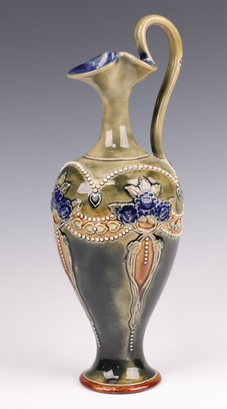 A Royal Doulton Art Nouveau green and blue salt glazed ewer the base incised LP and impressed 7018, 31cm h