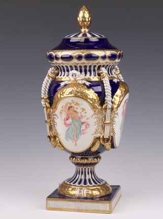 A large and impressive 20th Century Sevres style porcelain lidded urn with panel decoration, the base with cypher mark 42cm h 