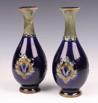 A pair of Royal Doulton blue and green salt glazed, club shaped vases, base impressed Royal Doulton 8036 and incised P, 26cm h 
