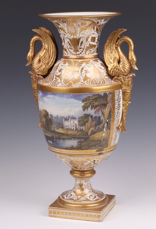 A large and impressive Victorian twin handled porcelain vase with panelled decoration, 1 panel of a river with country house, the other floral decoration, the handles in the form of swans 43cm 