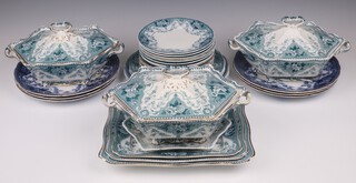 A 27 piece F & Sons Argyle pattern dinner service comprising 3 hexagonal twin handled tureens and covers, 1 (tureen base cracked), small tureen stand, 3 graduated meat plates (cracked), 2 dinner plates (1 cracked), 2 side plates, 15 tea plates (some with gilt banding, 6 cracked) and 6  F & S Sons Flo Bleu dinner plates (1 cracked) 