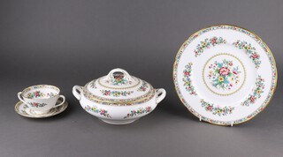A Coalport Ming Rose pattern 149 piece 2 tureens and covers (1 tureen cracked, both with cracked handles and 1 handle a/f), 12 dinner plates, 24 side plates (2 cracked), 14 small side plates, 28 tea plates (4 cracked), oval meat plate, sauce boat (cracked) and stand, twin handled bread plate, 9 bowls (2 cracked), 16 twin handled soup bowls and saucers (1 soup bowl and 1 saucer cracked), coffee pot, sugar bowl, cream jug, 7 coffee cups (1 cracked), 6 saucers (4 cracked), milk jug, sugar bowl, 4 cups and 4 saucers, together with 19 similar Foley bone china Ming Rose dinner plates and 2 side plates 