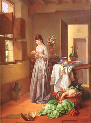 Jacob Membling (Austrian, 1853-1928) A Lady in an Interior setting peeling an Orange, oil on panel, 39 x 29cm, within a gilt ripple frame.