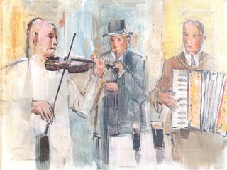 **Robert Taylor Carson (Irish/British, 1919-2008),"The Trio", oil on canvas, signed and titled verso, 29cm x 40cm, within a gilt frame. Provenance: purchased directly from the artist by the vendors father. **Please Note - Artists Resale Rights may be payable on this lot