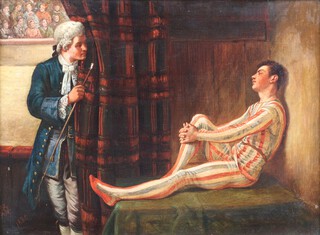 Circle of Francois Brunery, An Actor and a Gentleman backstage, oil on canvas, indistinctly signed with monogram and dated 1880, 27cm x 37cm, within a stained wood frame