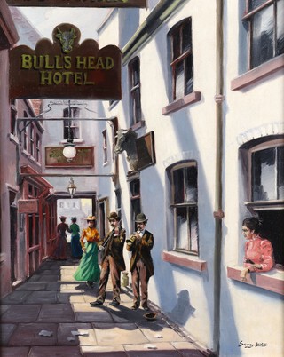 **John Seerey-Lester (British, 1945-2020), "Bull's Head Hotel", oil on canvas, 49cm x 38.5cm, within a gilt frame, **Please Note - Artists Resale Rights may be payable on this lot