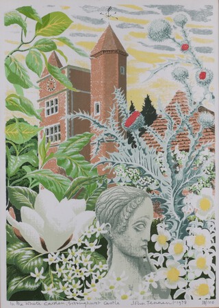 John Tennent (British, b.1926) "In the White Garden, Sissinghurst Castle", screenprint, signed, dated 1978 and editioned 38/100 in pencil, 45cm x 33cm, within a painted wood frame and certificate to verso