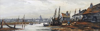 Edward Elliott (British, b.1918), Estuary Scene with Boats and Figures, 20th century oil on board, 18.5cm x 60cm, within a painted wood frame.