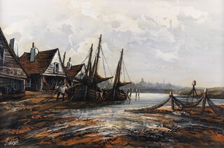 Edward Elliott (British, b.1918), Estuary Scene with Cottages, Fishing nets, Boats and Figure, 20th century oil on board, 49.5cm x 75cm, within a painted wood frame.