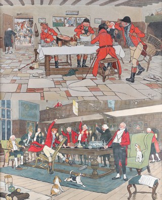 Cecil Aldin (British, 1870-1935), "The Fallowfield Hunt", a pair of early 20th century chromolithographs, each 37.5cm x 60cm, both within ebonized oak frames.