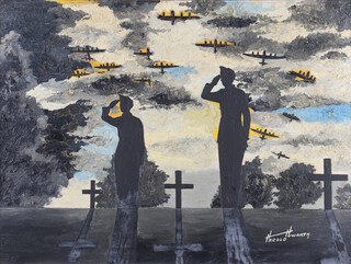 Harold Howarth "Greater love hath no Man" (R.A.F. Memorial), 20th century oil on board, signed recto, titled label verso, 45cm x 60cm, within a painted composition frame.	