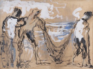 **Pericles Byzantios (Greek, 1893-1972), Fishermen Carrying a Net, watercolour with gouache, signed with intials and dated 1966, 34cm x 46cm, within an ebonized frame, **Please Note - Artists Resale Rights may be payable on this lot