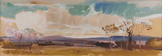 Gyula Sajo, (Hungarian, 1918-1989), Landscape with Trees, watercolour with gouache, signed and dated 1955, 11cm x 31cm, within a gilt frame.