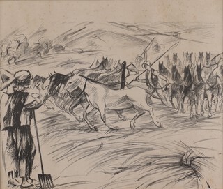 **Pericles Byzantios (Greek, 1893-1972), Farming Scene with Horses, charcoal, signed with monogram, 31cm x 37cm, within a stained wood frame. **Please Note - Artists Resale Rights may be payable on this lot