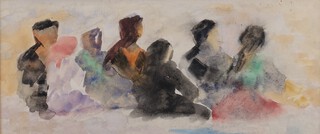 Joscelyn, "The Distaff Line", watercolour, artists name and title to label verso, 11.5cm x 27cm, within a stained wood frame.