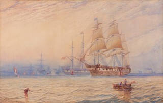 Mallingham, Ships of the Line at Harbour, probably Portsmouth, watercolour, signed and dated 1872, 28m x 45cm, within a gilt frame.