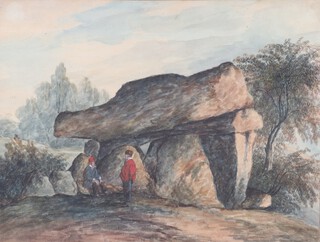British School, Two Figures near Standing Stones or a Barrow, 19th century watercolour, 32cm x 42cm, within a gilt composition frame.