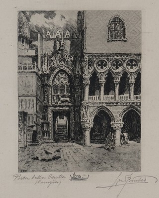 Continental School, "Porta della Carta" (Entrance to the Doges Palace, Venice), early 20th century etching, titled and indistinctly signed in pencil, 13.5cm x 10.5cm, within an ebonized frame.