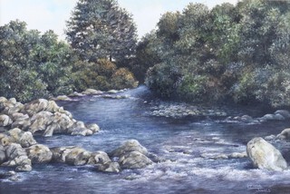 Lynne Jones, River Landscape, 20th century watercolour with gouache, signed, 20cm x 30cm, within a stained wood frame.