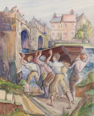 British School, Four men carrying a Rowing Boat, 20th century watercolour, 41cm x 32cm, within a stained wood frame.