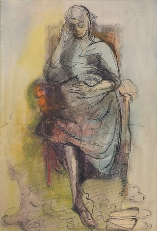 British School, Seated Woman reading, 20th century ink with watercolour, 34cm x 23cm, within a gilt frame.