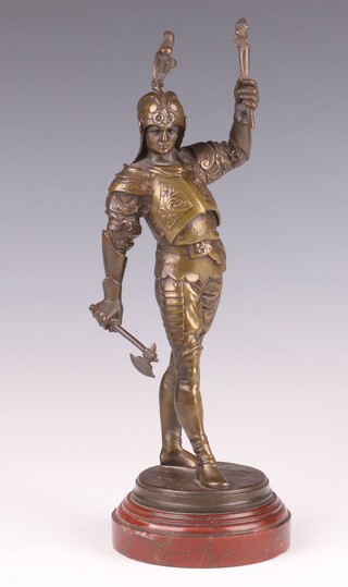 Auguste Louis Lalouette (French, 1826-1883), Soldier wearing Armour and holding a Torch and Battle axe, cast patinated bronze, raised on a red marble plinth, signed on base, 27cm high