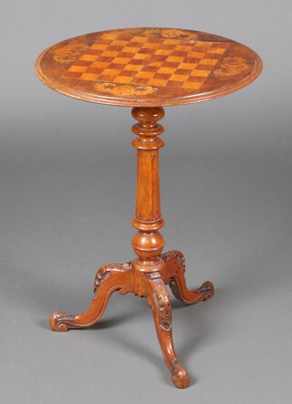 A Victorian circular inlaid figured walnut wine table, the top inlaid a chessboard, raised on a turned and fluted column 69cm h x 50cm diam. 