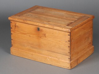 A 19th Century pine box with hinged lid and long steel hinges, the interior fitted a candle box, raised on a platform base 35cm h x 62cm w x 41cm d 