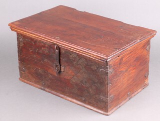 An 18th/19th Century rectangular oak box with hinged lid, iron handles and hasp and iron banding to the sides, 20cm h x 43cm w x 28cm d 