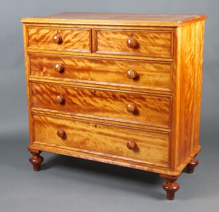 A Victorian satin birch chest of 2 short and 3 long drawers, raised on bun feet 110cm h x 170cm w x 56cm d 