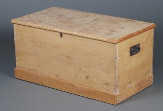 A 19th Century pine trunk with long steel hinges and iron handles to the sides 44cm h x 92cm w x 57cm d 
