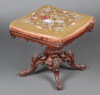 A Victorian carved and pierced square rosewood stool, raised on a turned column and tripod base with over stuffed seat, 49cm h x 49cm  (together with a loose Berlin wool work cover) 