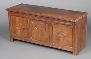 A 17th Century 6 panel oak coffer with hinged lid, the front panel with carved arcaded diamond decoration 53cm h x 120cm w x 30cm d  