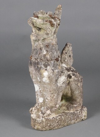 A well weathered concrete garden  figure of a seated dog 62cm h x 16cm w x 32cm d 