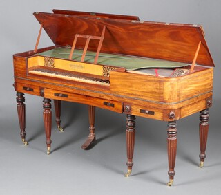 William Woodman, an 18th Century square piano, labelled William Woodman Musical Instrument Manufacturer, Union Street Birmingham, contained in a mahogany case with brass mounts, fitted 3 secret drawers to the base, raised on reeded turned column supports with brass caps and casters 86cm h x 171cm w x 61cm d Ivory Exemption Certificate URX72UMZ