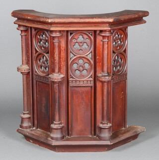 A Victorian Gothic style carved and pierced pitch pine pulpit, 101 cm h x 104cm w x 40cm d 