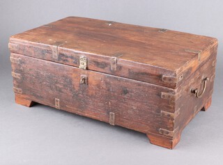 A 19th Century Indian hardwood and metal bound box with hinged lid and brass swan neck drop handles 18cm h x 45cm w x 27cm d 