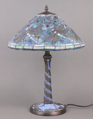 A Liberty style "bronze and blue glass" table lamp decorated dragonflies 59cm h x 39cm 