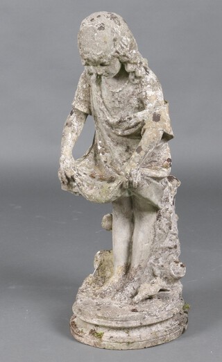 A well weathered concrete garden  figure of a standing girl 77cm x 24cm 