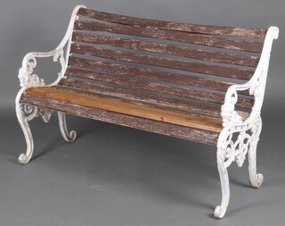 A Victorian style aluminium garden bench with wooden slats 81cm h x 126cm w x 54cm d (some slats have been replaced)
