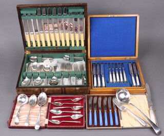 A part canteen of Old English silver plated flatware, contained in an oak canteen, a part canteen of fruit knives and forks with mother of pearl handles and silver mounts contained in an oak canteen box, a set of 6 tea knives, a set of 6 silver plated grapefruit spoons and other plated flatware 