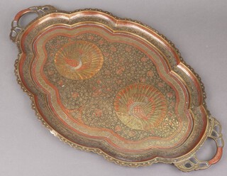 A Benares brass twin handled tea tray