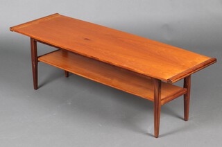 A mid-century rectangular teak 2 tier coffee table on square supports 36cm h x 113cm w x 38cm d 