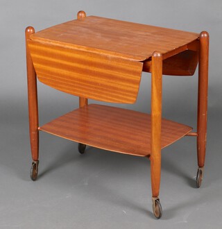 A mid-century rectangular teak 2 tier tea trolley on turned supports 67cm h x 62cm w x 42cm d (water marks to top)
