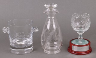 An engraved glass double spouted decanter 24cm, a twin handled wine cooler marked Epsom Downs Race Course and a glass goblet marked Royal Windsor Race Course 