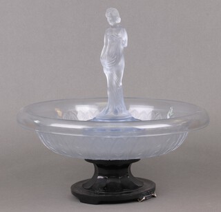 An Art Deco style blue glass bowl the centre with rose spreader and standing figure of a lady 31cm  