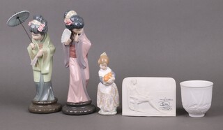 A Lladro Collectors Society table sign, 2 Lladro figures of Geishas and a lithophane goblet 
 