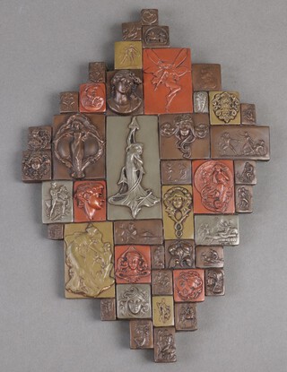 An Art Nouveau style resin plaque decorated panels depicting figures and busts 28cm x 19cm 
