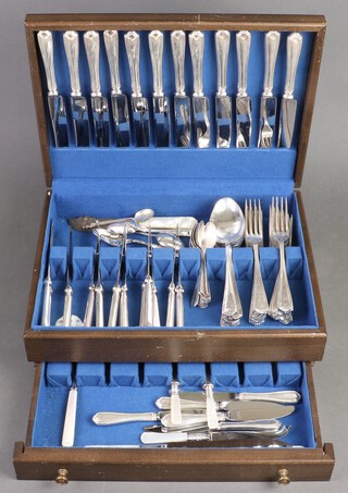 A canteen of silver plated flatware contained in a mahogany box fitted a drawer 